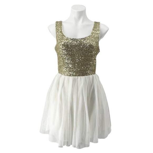 B. Darlin Gold Sequin White Tulle Knee Length Key Hole Back Dress Size 6 - Picture 2 of 9